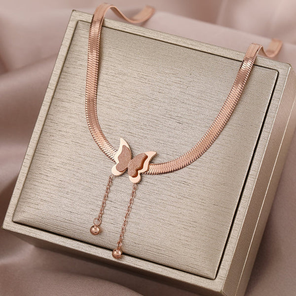18K Gold Plated Butterfly Charm Herringbone Chain Choker Necklace