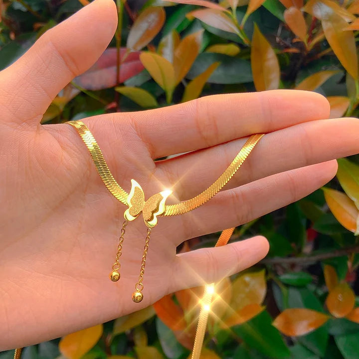 18K Gold Plated Butterfly Charm Herringbone Chain Choker Necklace