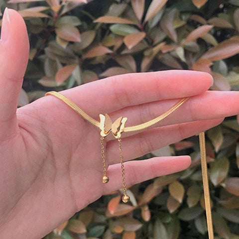 18K Gold Plated Butterfly Charm Herringbone Chain Choker Necklace