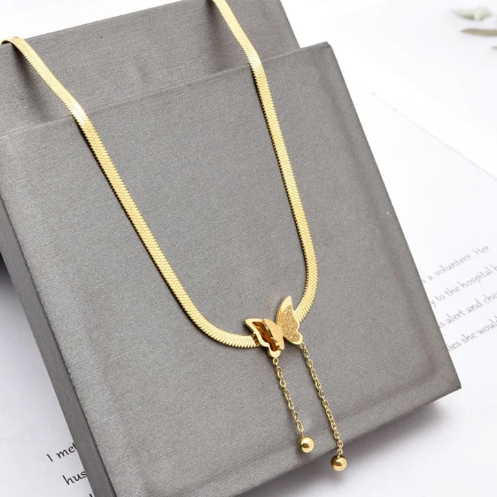 18K Gold Plated Butterfly Charm Herringbone Chain Choker Necklace