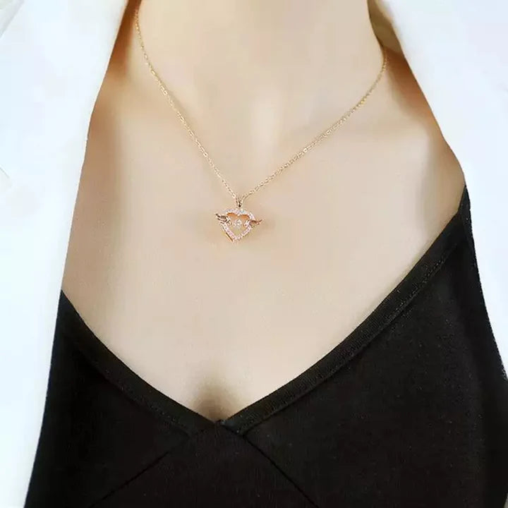 Moving Diamond Zircon Angel Wings Heart Pendant