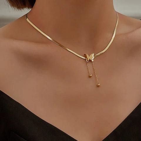 18K Gold Plated Butterfly Charm Herringbone Chain Choker Necklace
