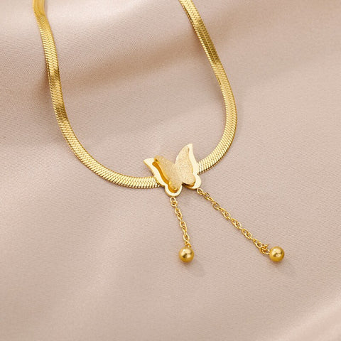 18K Gold Plated Butterfly Charm Herringbone Chain Choker Necklace