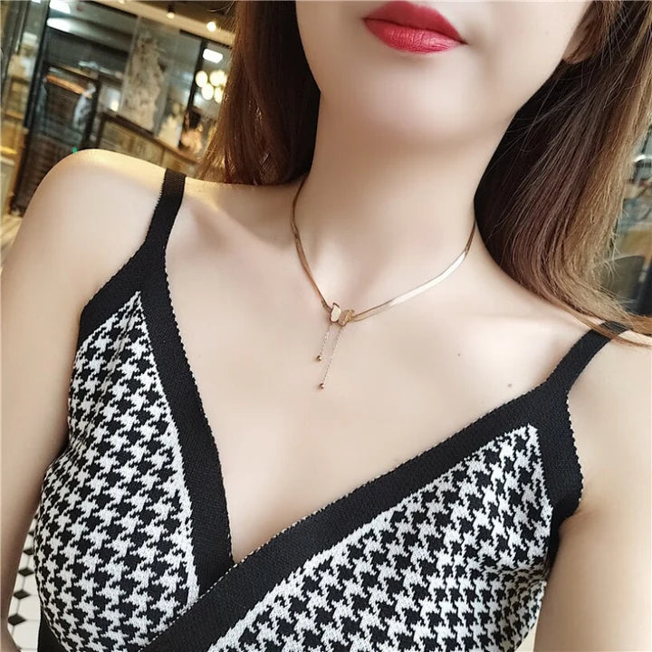 18K Gold Plated Butterfly Charm Herringbone Chain Choker Necklace