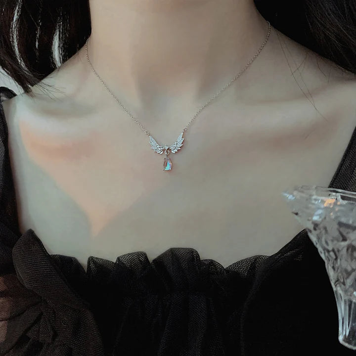 925 Silver Angel Wings Guardian Real Moonstone Necklace