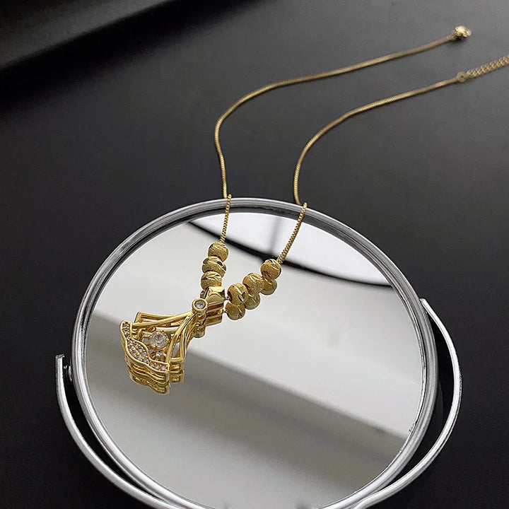 18k Gold Plated Beaded Beats Dancing Zircon Diamond Lucky Ginkgo Leaf Necklace
