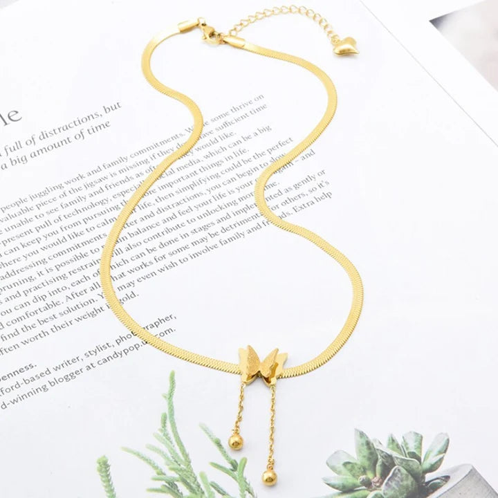 18K Gold Plated Butterfly Charm Herringbone Chain Choker Necklace