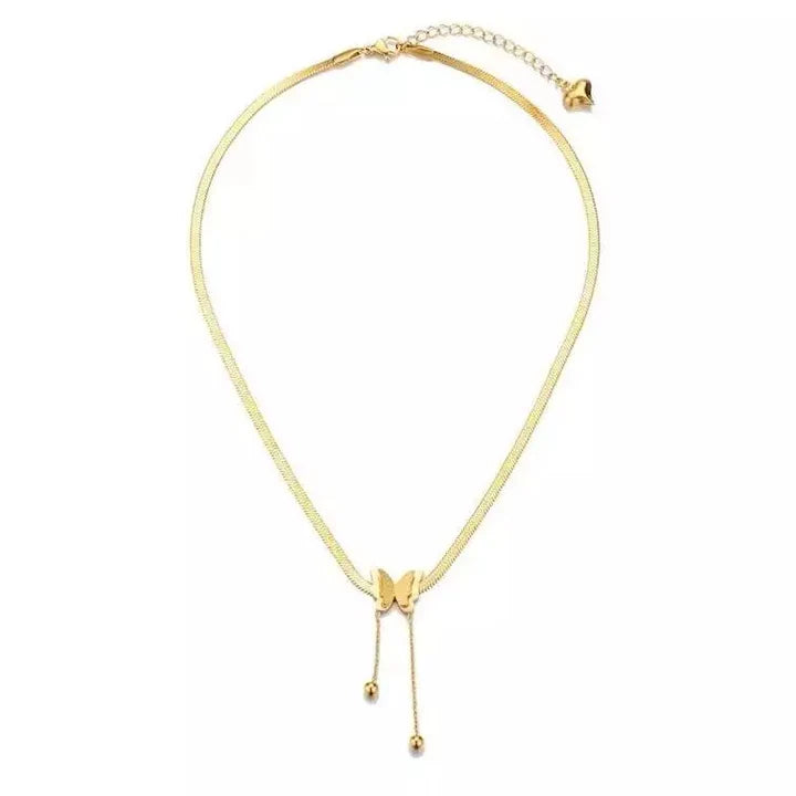 18K Gold Plated Butterfly Charm Herringbone Chain Choker Necklace
