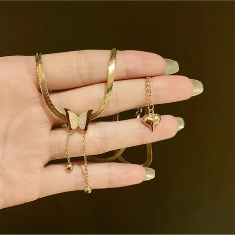18K Gold Plated Butterfly Charm Herringbone Chain Choker Necklace