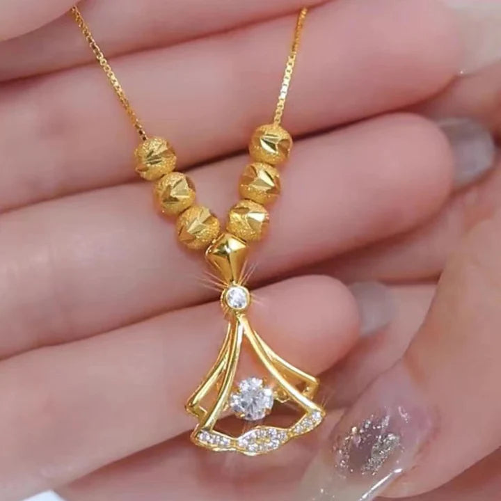 18k Gold Plated Beaded Beats Dancing Zircon Diamond Lucky Ginkgo Leaf Necklace