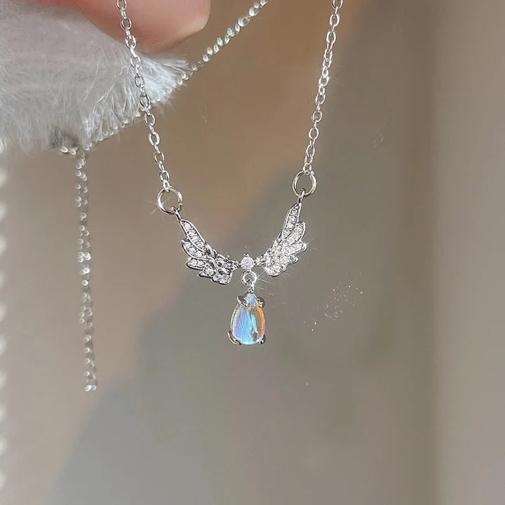 925 Silver Angel Wings Guardian Real Moonstone Necklace