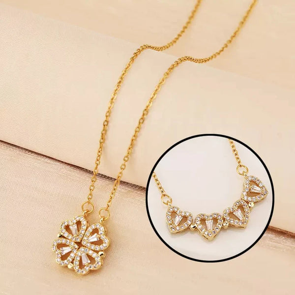 Real 18K Gold Plated Magnetic 4 Four Heart Pendant Leaf Clover Necklace