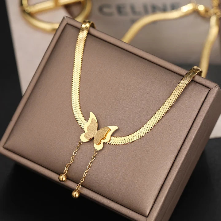 18K Gold Plated Butterfly Charm Herringbone Chain Choker Necklace