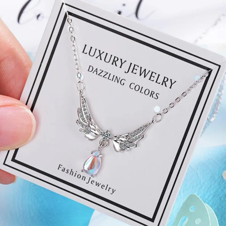 925 Silver Angel Wings Guardian Real Moonstone Necklace