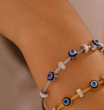 18K Gold Plated Evil Eyes Zircon Bangle Stainless Steel Cable Bracelet