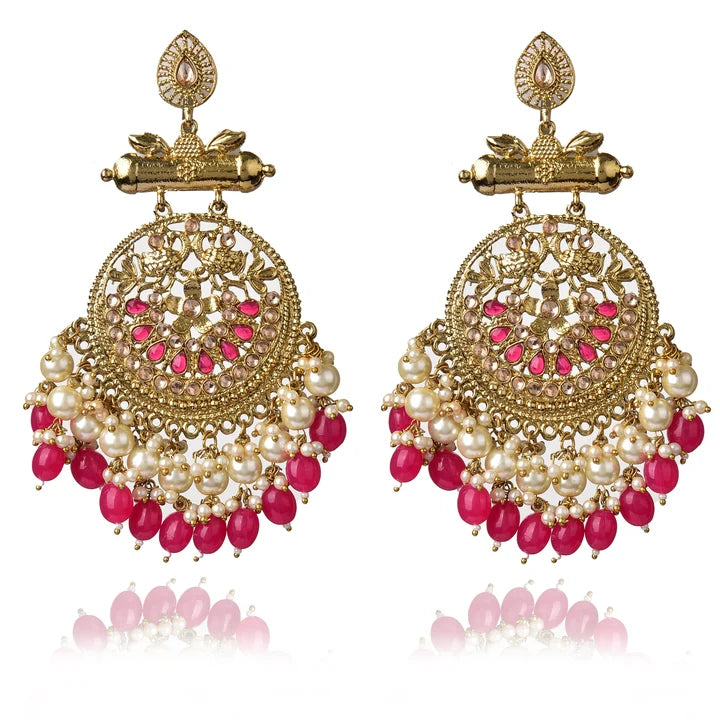 Pearl Gold Plated Brass Red Kundan Meenakari Chandbali Earring