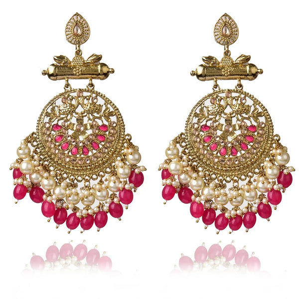 Pearl Gold Plated Brass Red Kundan Meenakari Chandbali Earring