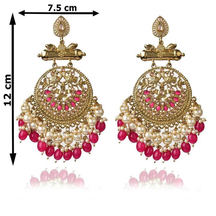 Pearl Gold Plated Brass Red Kundan Meenakari Chandbali Earring