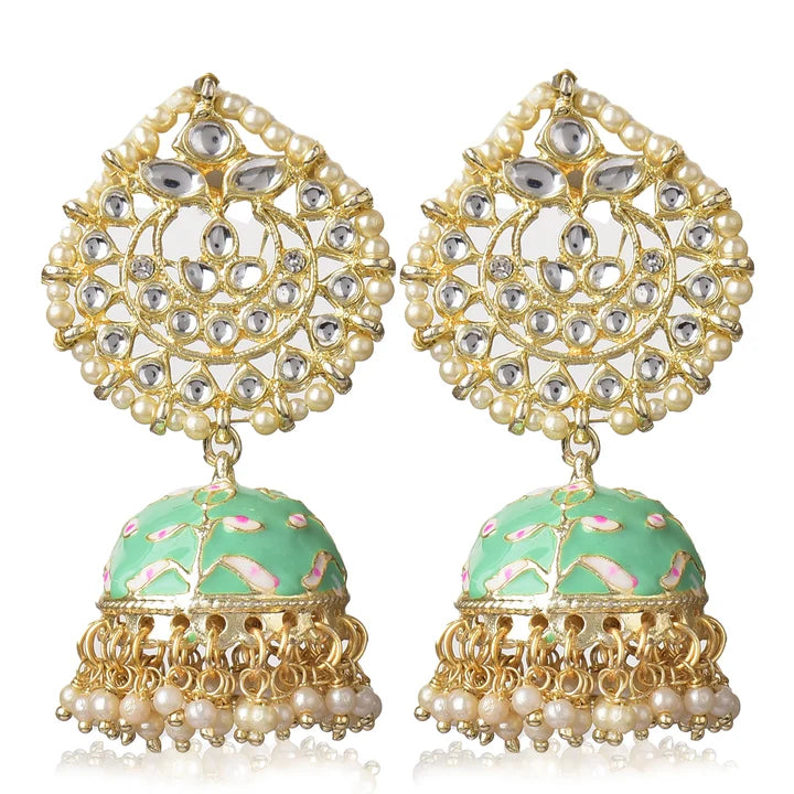Pearl Gold Plated Kundan Meenakari Jhumka/Jhumki Earring