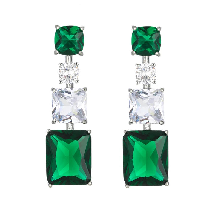 Gemstone Zircon Earrings Noble Green Rectangle Silver Dangle Earrings