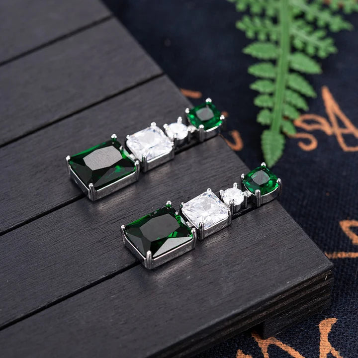 Gemstone Zircon Earrings Noble Green Rectangle Silver Dangle Earrings