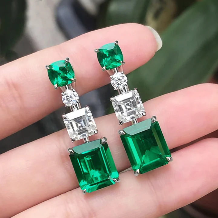 Gemstone Zircon Earrings Noble Green Rectangle Silver Dangle Earrings