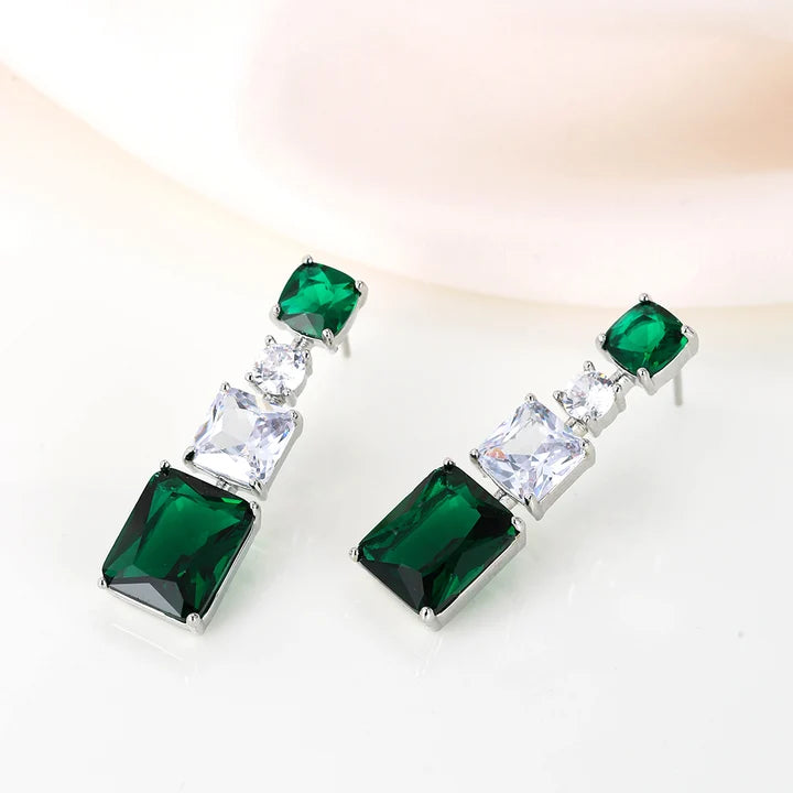 Gemstone Zircon Earrings Noble Green Rectangle Silver Dangle Earrings
