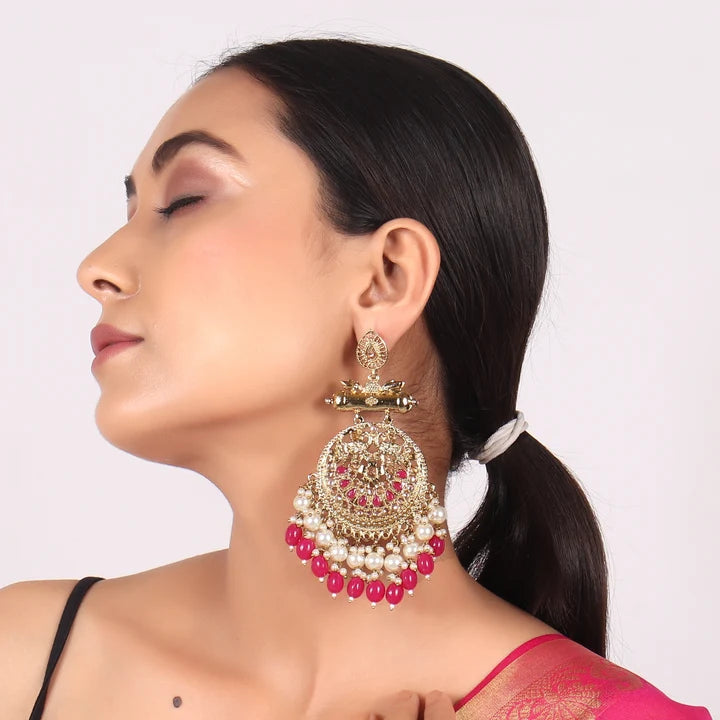 Pearl Gold Plated Brass Red Kundan Meenakari Chandbali Earring