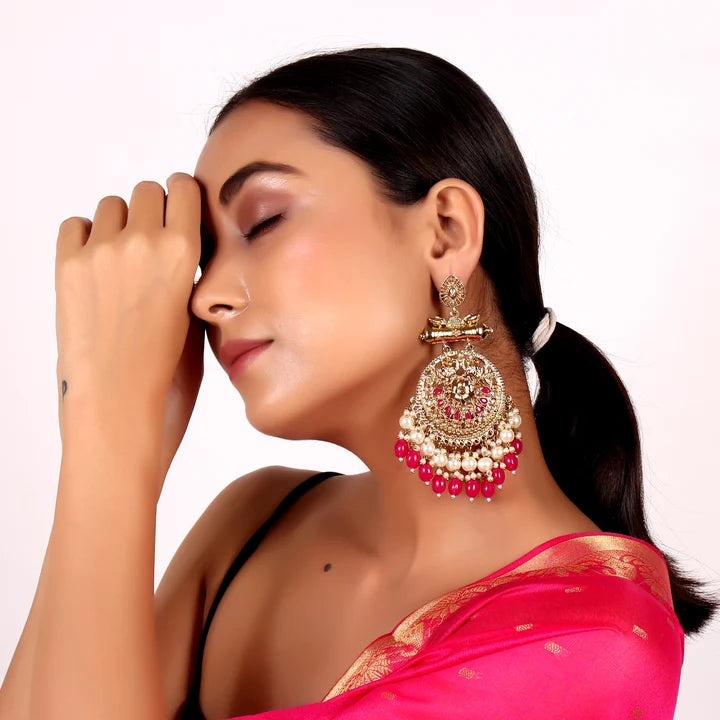 Pearl Gold Plated Brass Red Kundan Meenakari Chandbali Earring