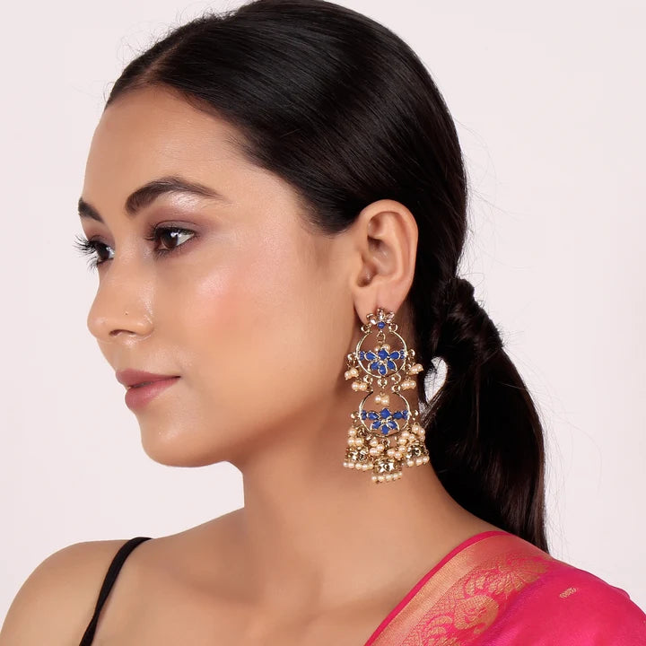 Stylish Traditional Pearl Gold Plated & Blue-Toned Kundan Classic Jhumkas