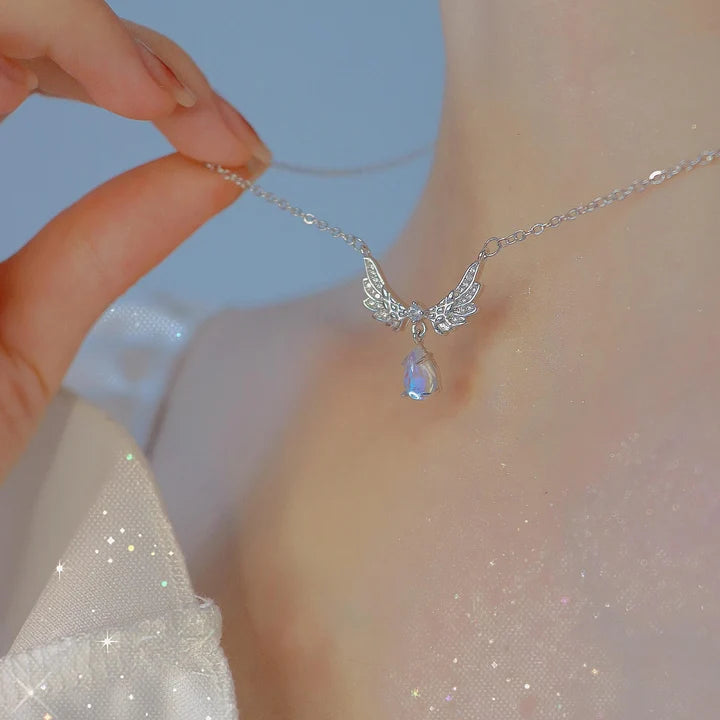 925 Silver Angel Wings Guardian Real Moonstone Necklace