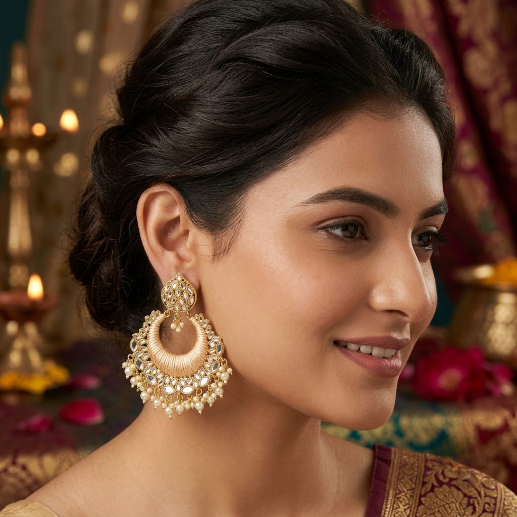 Beautifully Enamelled Gold Plated Metal Kundan And Beads Dangle Earring