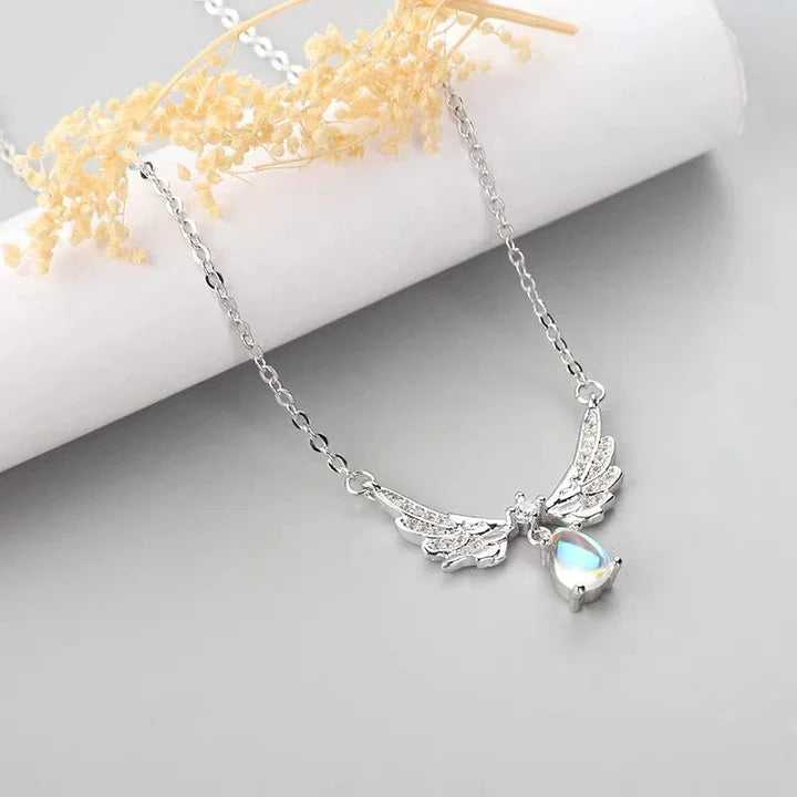925 Silver Angel Wings Guardian Real Moonstone Necklace