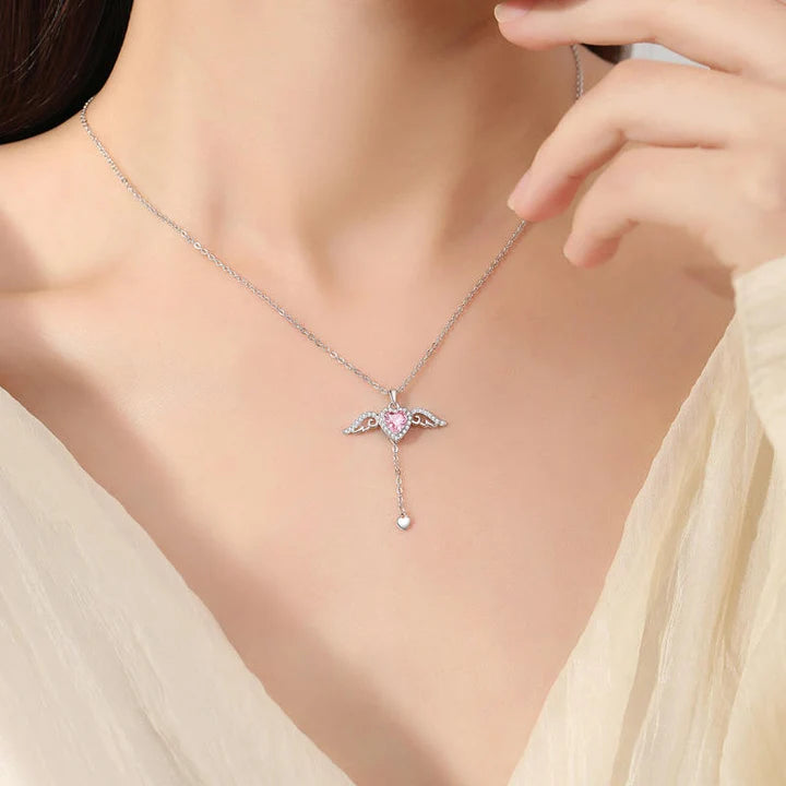 Movable Pink Crystal Zircon Diamond Love Heart Angel Wings Pendant Necklace
