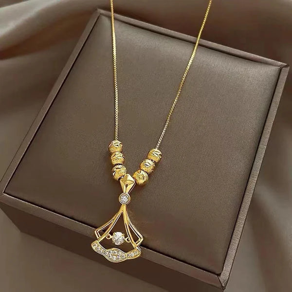 18k Gold Plated Beaded Beats Dancing Zircon Diamond Lucky Ginkgo Leaf Necklace