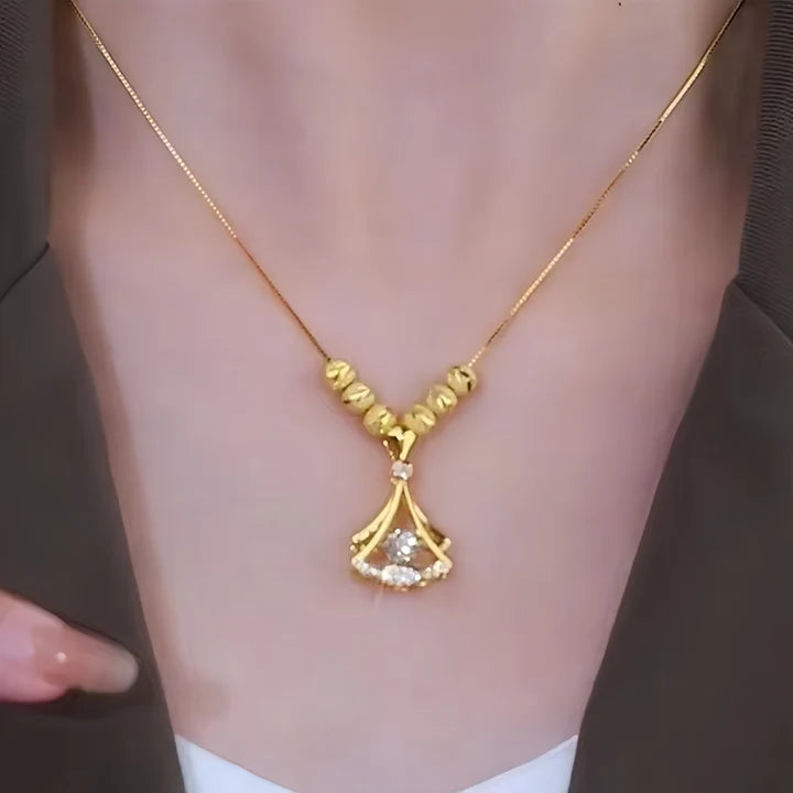 18k Gold Plated Beaded Beats Dancing Zircon Diamond Lucky Ginkgo Leaf Necklace