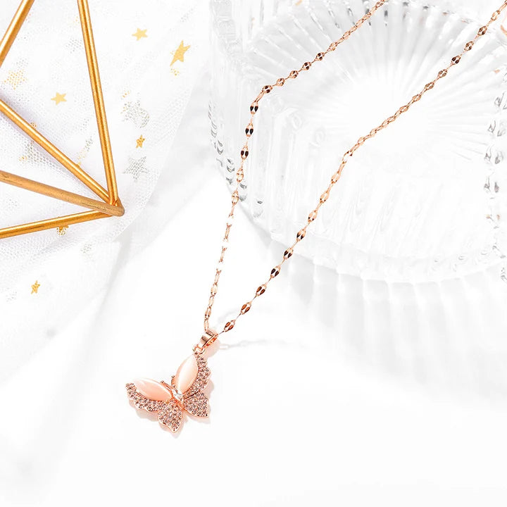 Non Tarnish Zircon Diamond Opal Butterfly necklace pendant